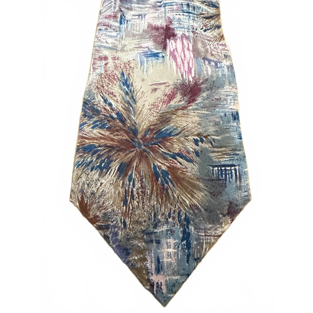 Abstract Patterned Men's Necktie Blue Brown 100% Silk Made in Italy